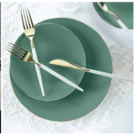 Luxe Party Round Sage/Gold Pattern Plastic Plates Set of 10