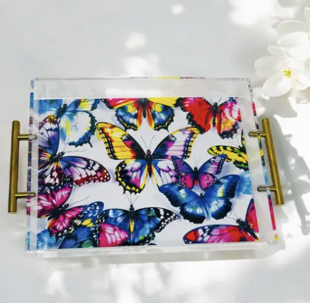 Resinate By KS 11x14 Abstract Butterflies Acrylic Tray Gold Handles