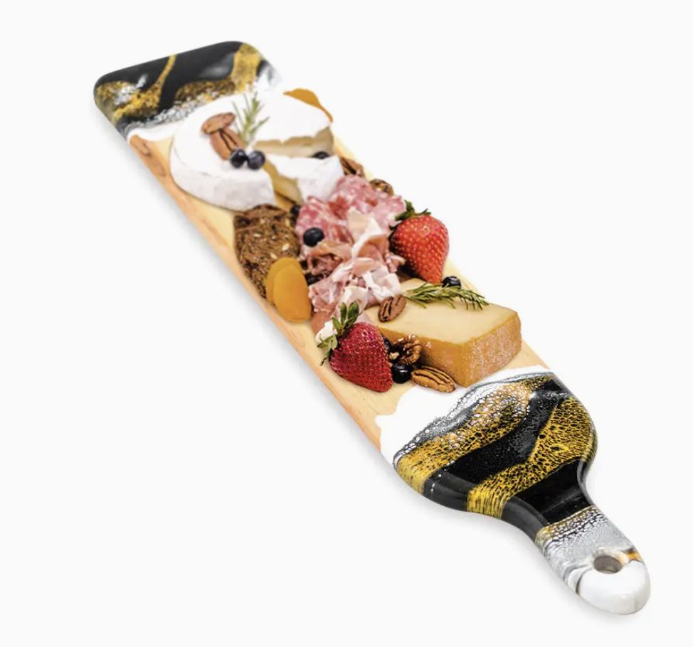 Lynn and Liana Acacia Resin Baguette Board 5x24" Black, White, and Gold