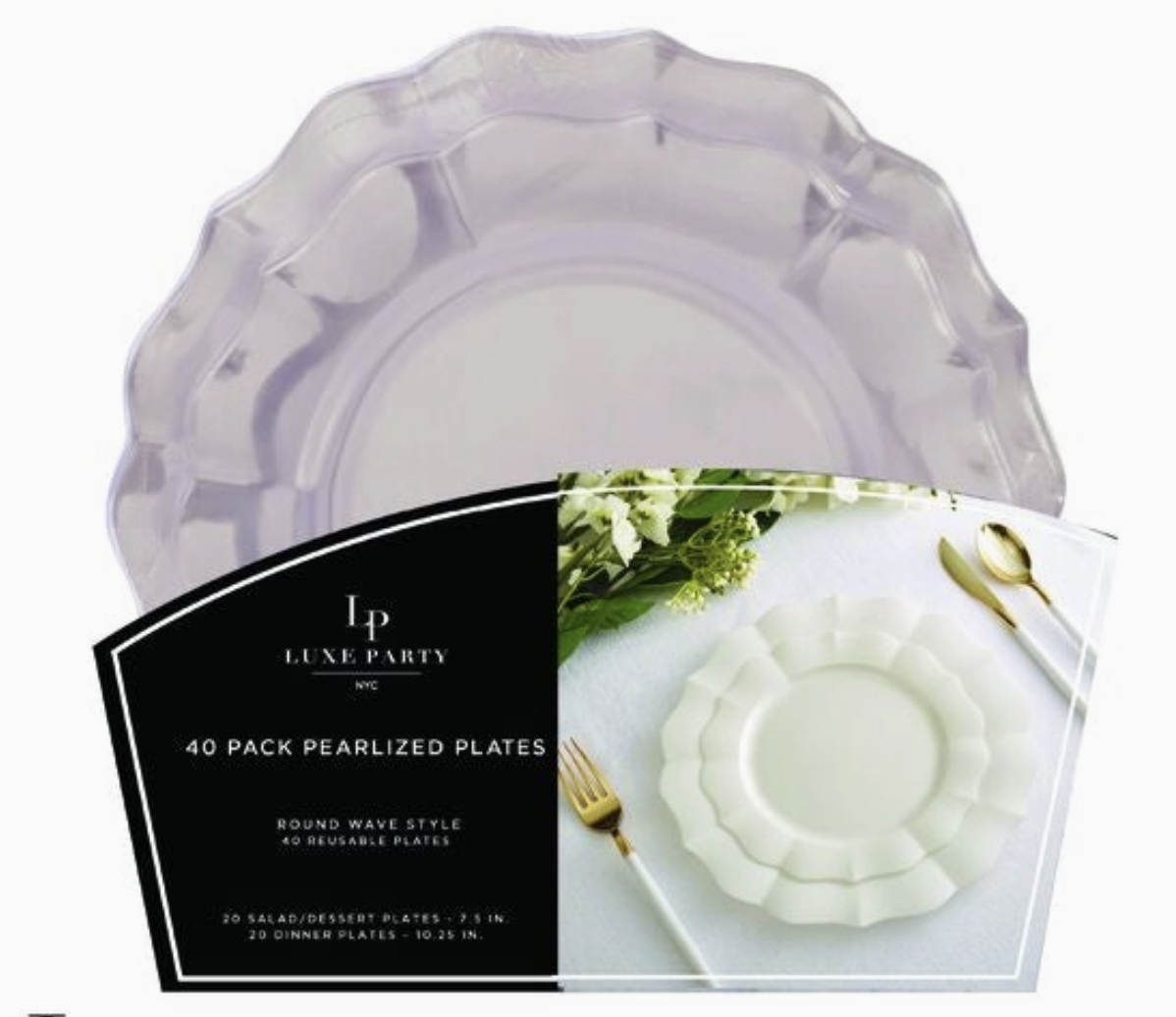 Luxe Party Pearl Linen Waved Plastic Plate Set | 40 Pack