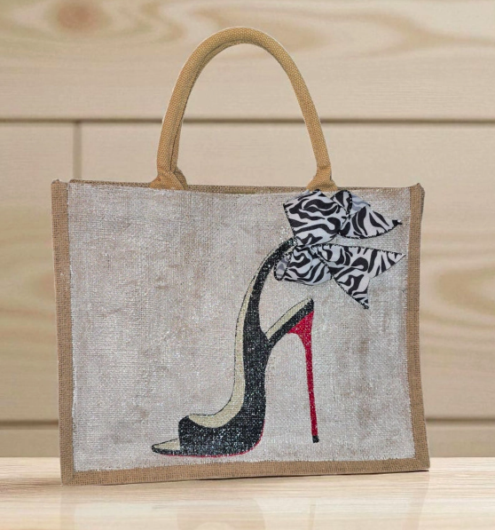 Dana's Uncommon Glass Hand Painted Black Stiletto Jute Tote Zebra Bow