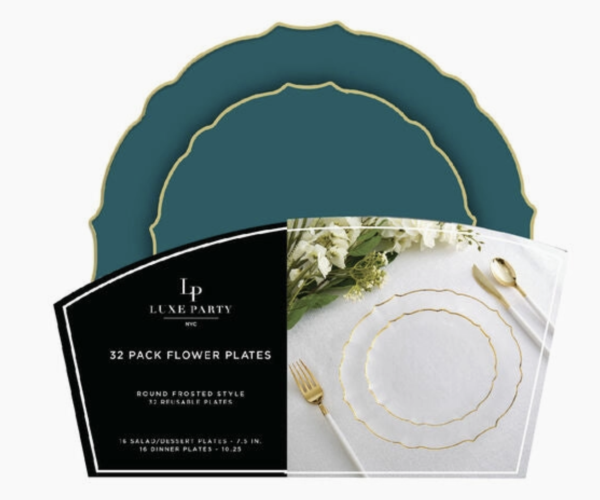 Luxe Party Teal Frosted Plate and Gold Plastic Plates Set | 32 Pack