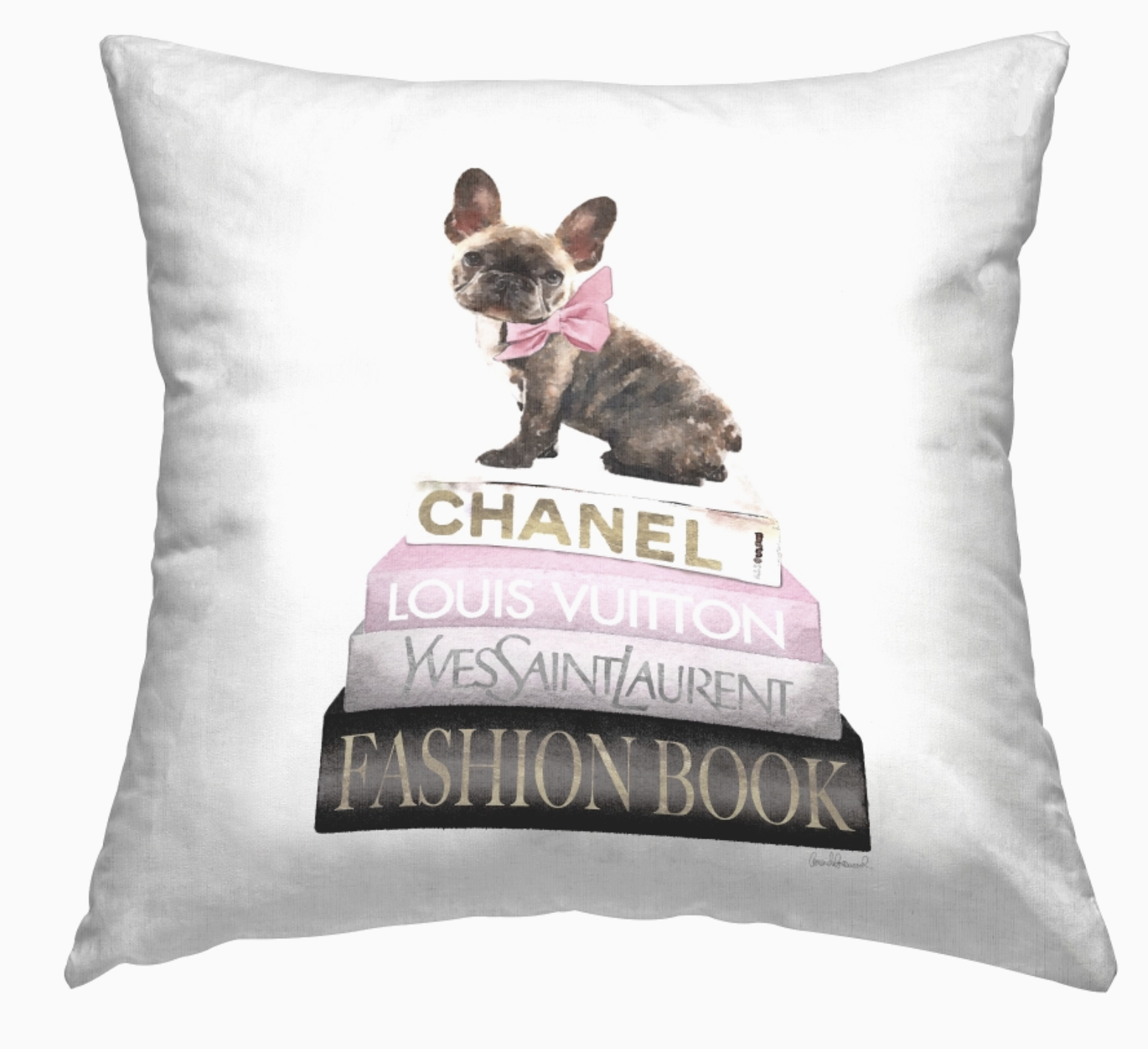 Stupell Pink Bow Dog Gold Black Bookstack Glam Throw Pillow - Image 2