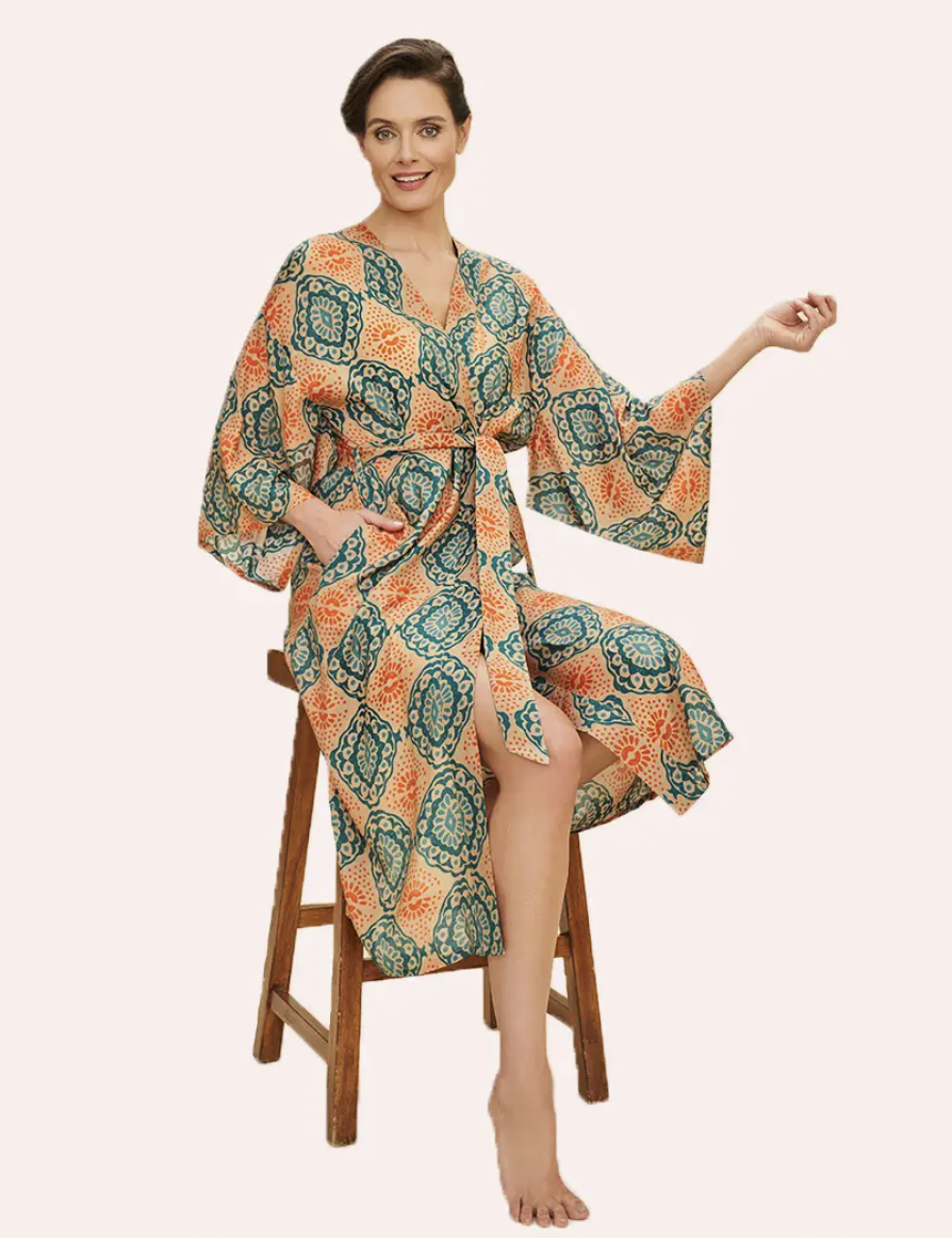Powder Designs Cream Batik Long Kimono Gown W/Box