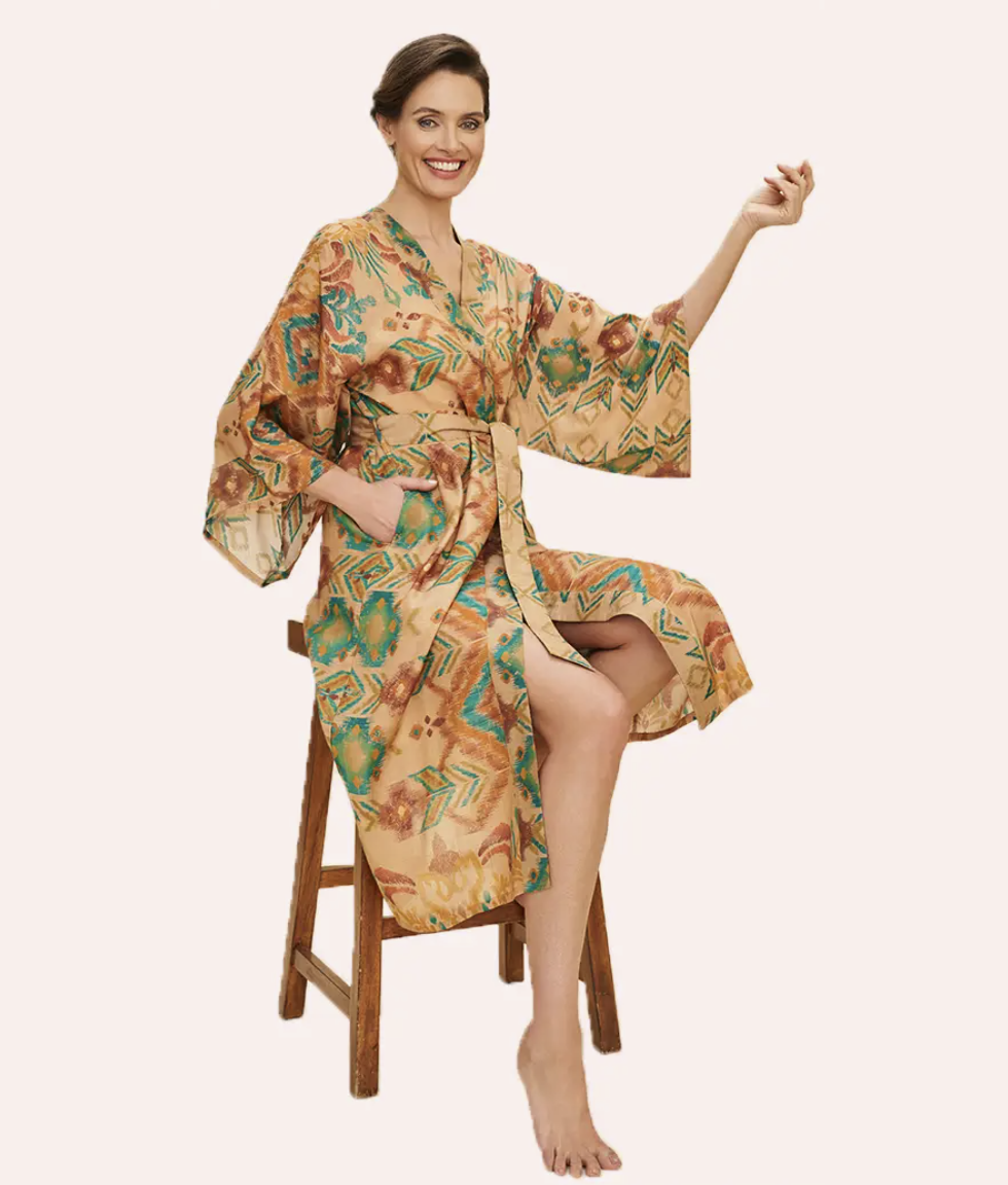 Powder Designs Warm Cream Ikat Kimono Gown