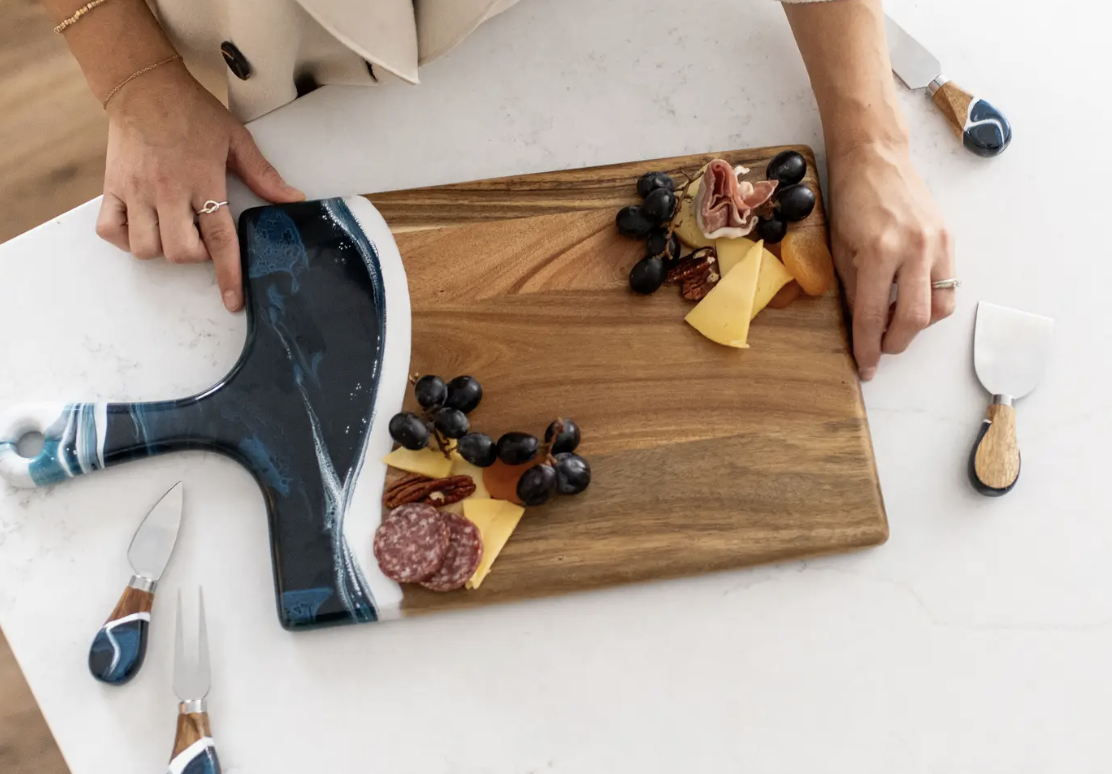Lynn and Liana Acacia Resin Cheeseboard 10x20" Navy, White Metallic